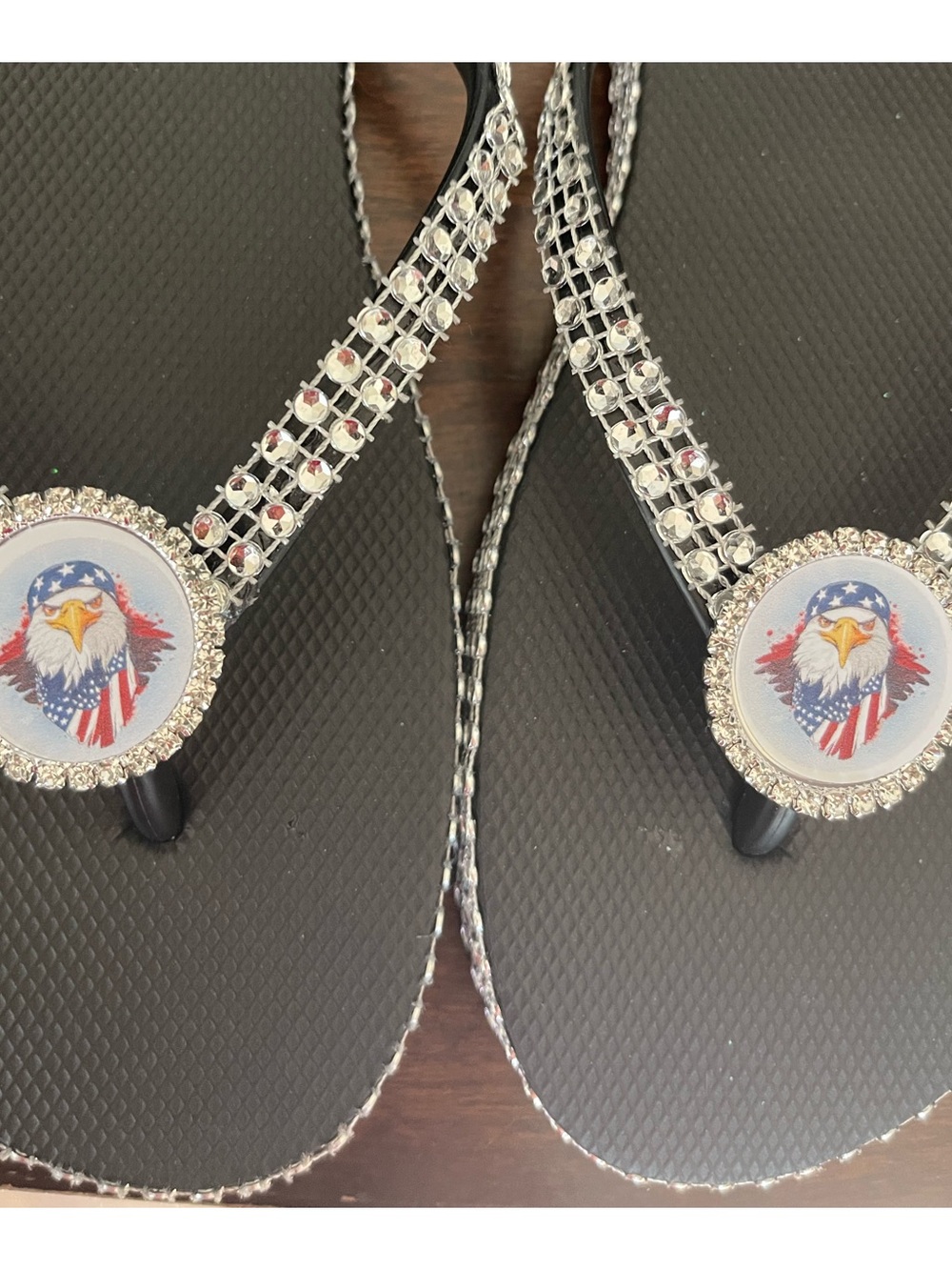 Embellished Black Flip Flops with Eagle Medallion